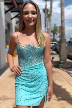 Rhinestone Ombre Corset Homecoming Dress | Ruched Bodycon Mini Party Gown