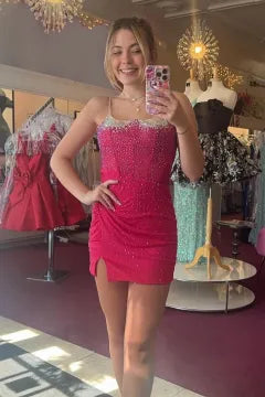 Rhinestone Ombre Corset Homecoming Dress | Ruched Bodycon Mini Party Gown