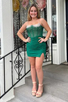 Rhinestone Ombre Corset Homecoming Dress | Ruched Bodycon Mini Party Gown