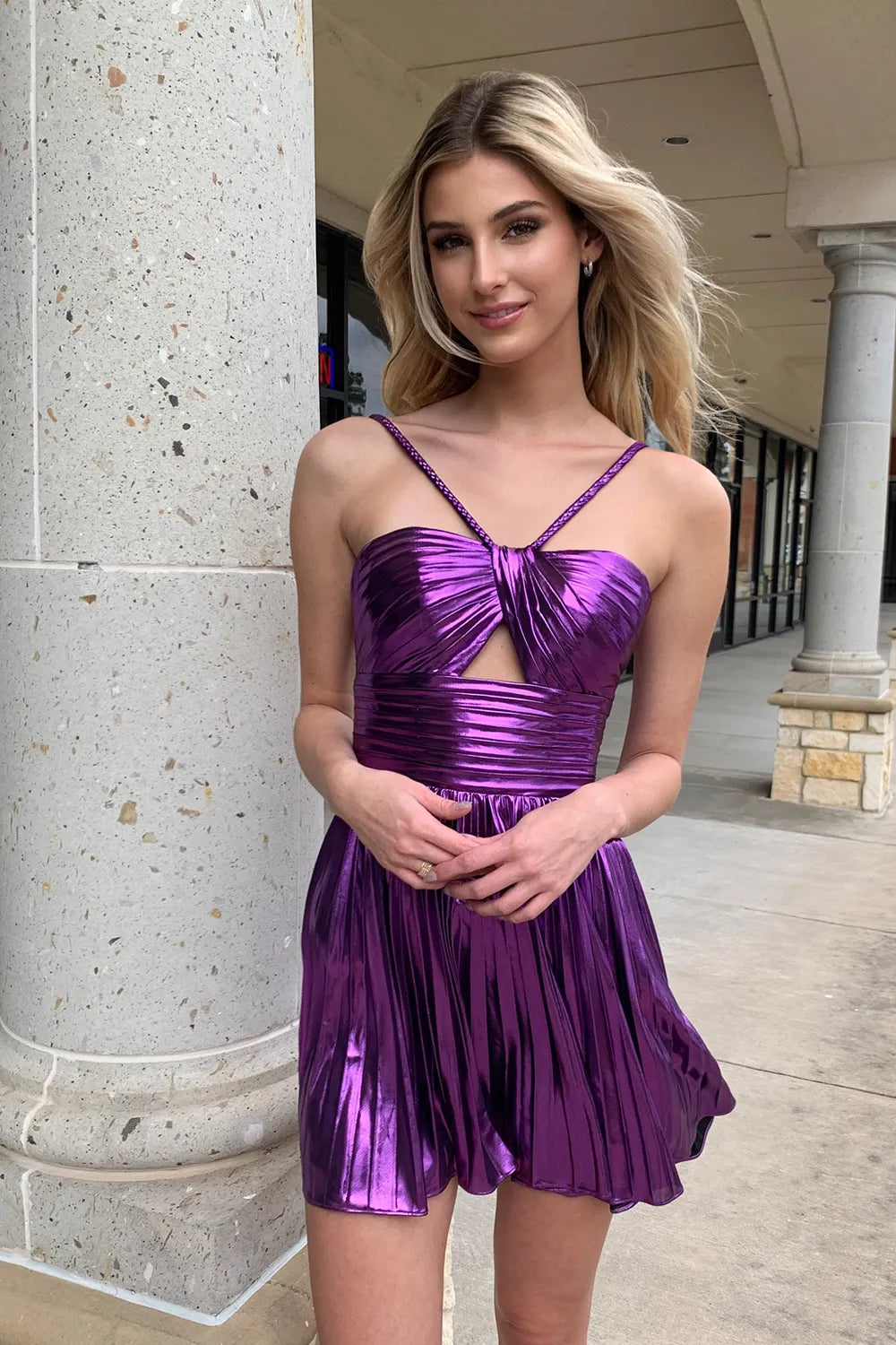 Metallic Homecoming Dress | Cutout Pleated A-Line Short Prom Gown