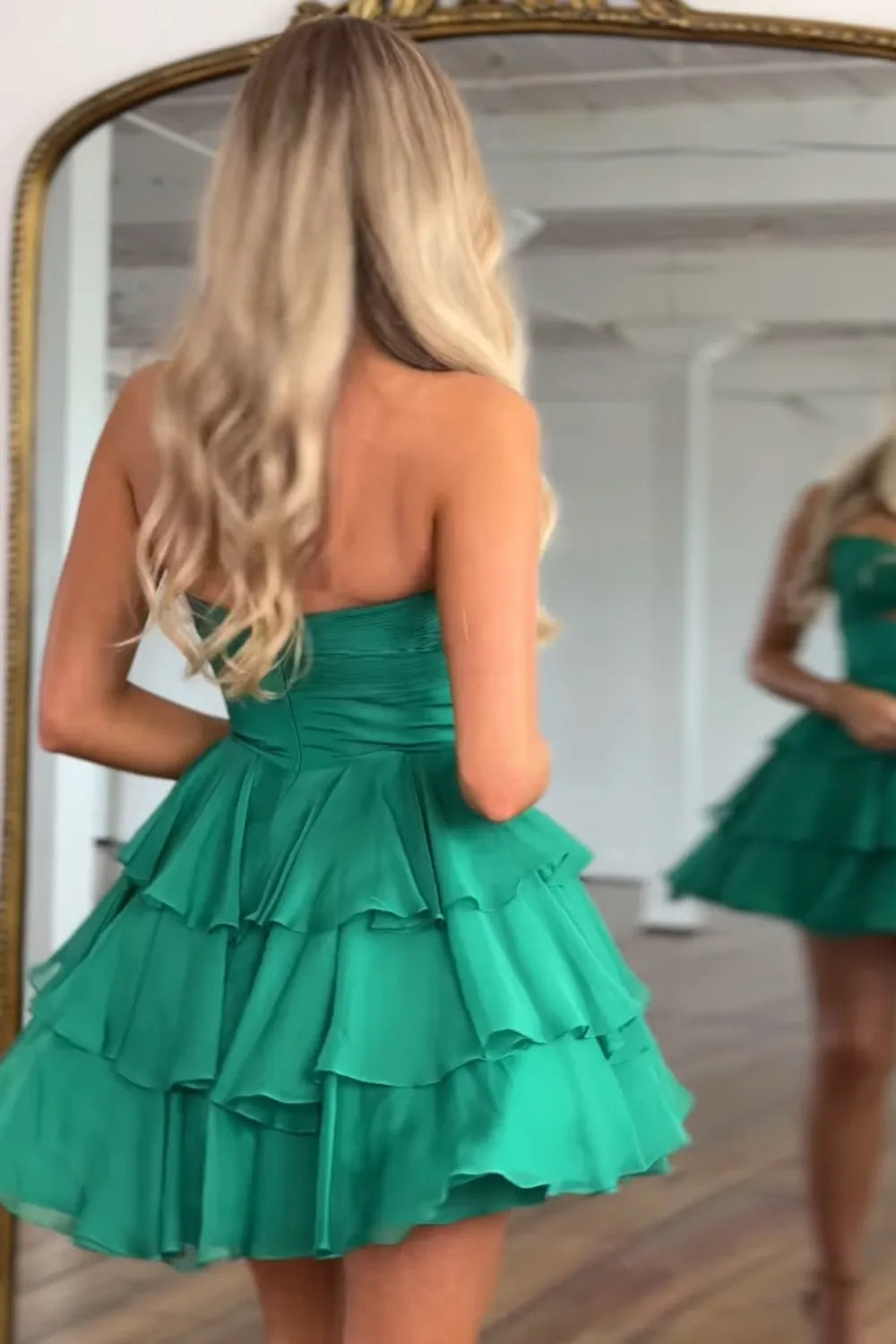 Strapless Rosette Homecoming Dress | Tiered Chiffon Mini with Cutout Party Gown