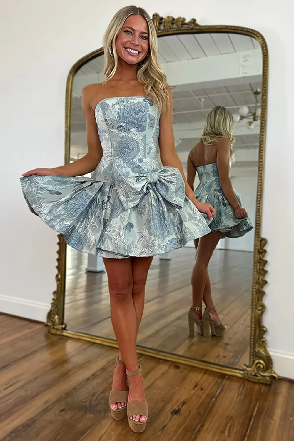 Strapless Floral Jacquard Homecoming Dress | A-Line Mini with Oversized Bow Party Gown