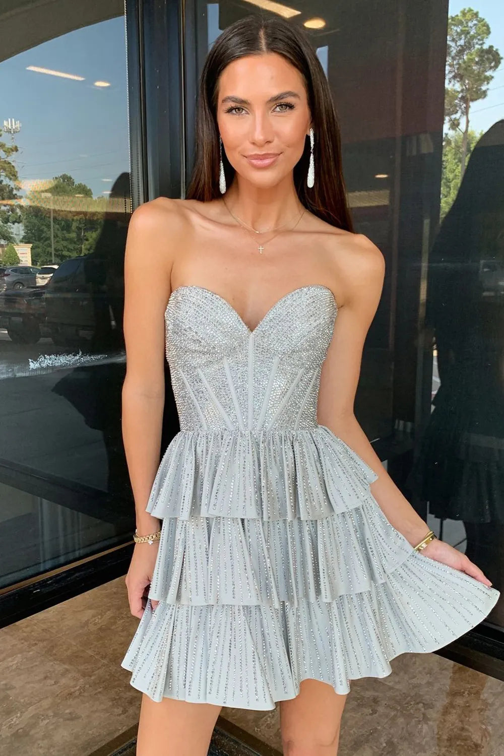 Strapless Sequin Corset Homecoming Dress | Tiered Ruffle Skirt Short Prom Gown