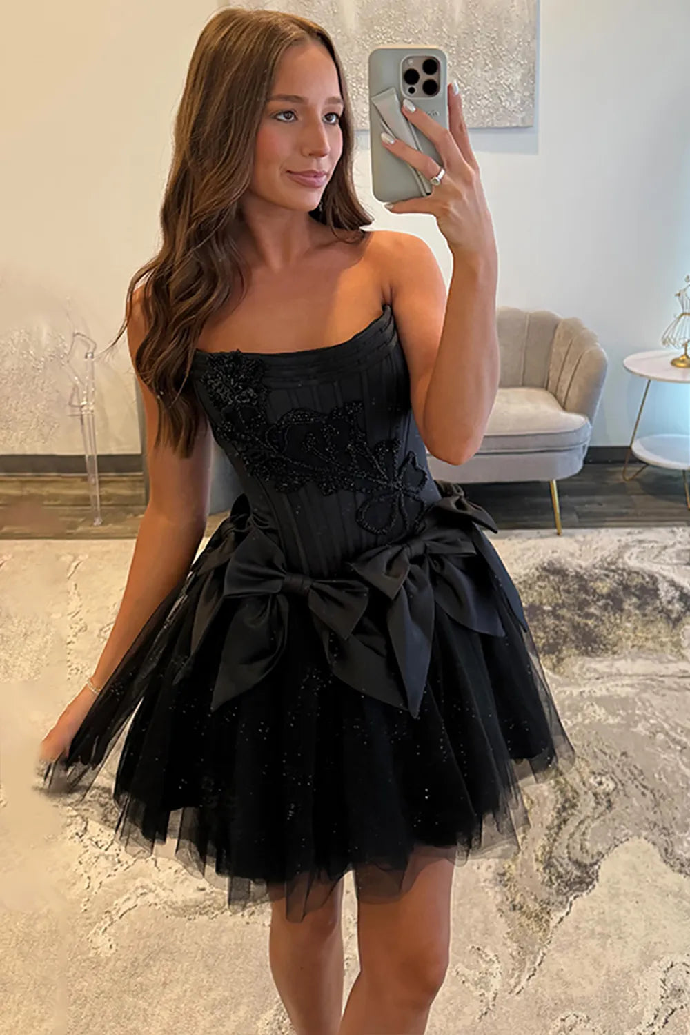 Strapless Corset Homecoming Dress with Satin Bow & Tulle Skirt