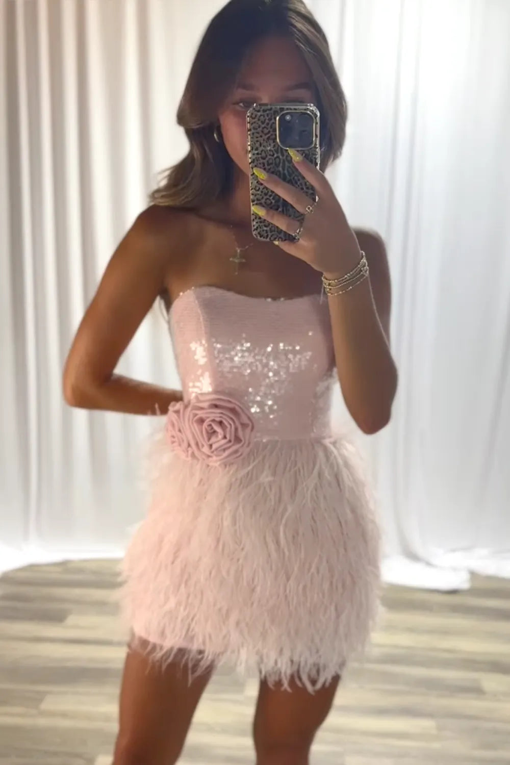 Strapless Sequin Feather Homecoming Dress | 3D Rose Waist Mini Party Gown