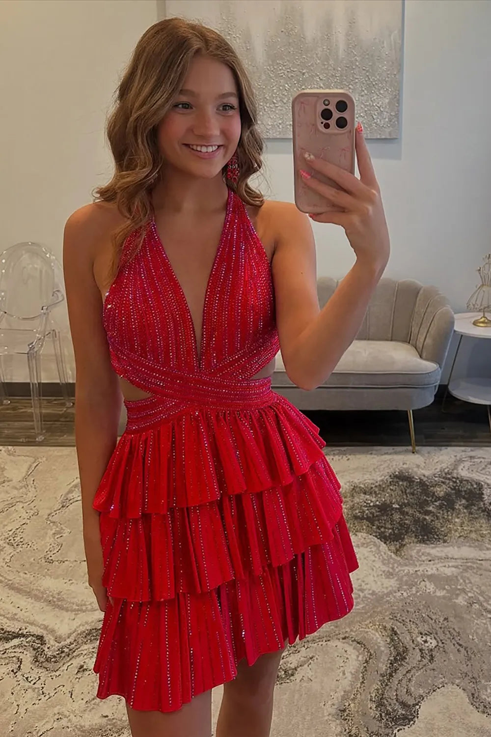 Sparkling Halter Neck Homecoming Dress | Rhinestone-Embellished Tiered Ruffle Skirt Short Prom Gown