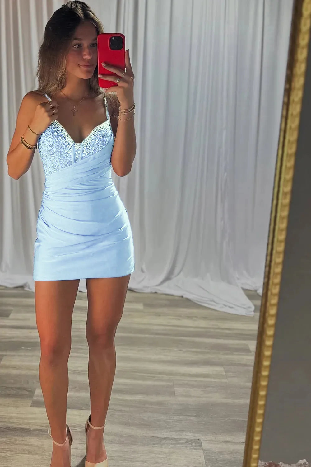Spaghetti Strap Rhinestone Homecoming Dress | Ruched Bodycon Sweetheart Short Prom Gown