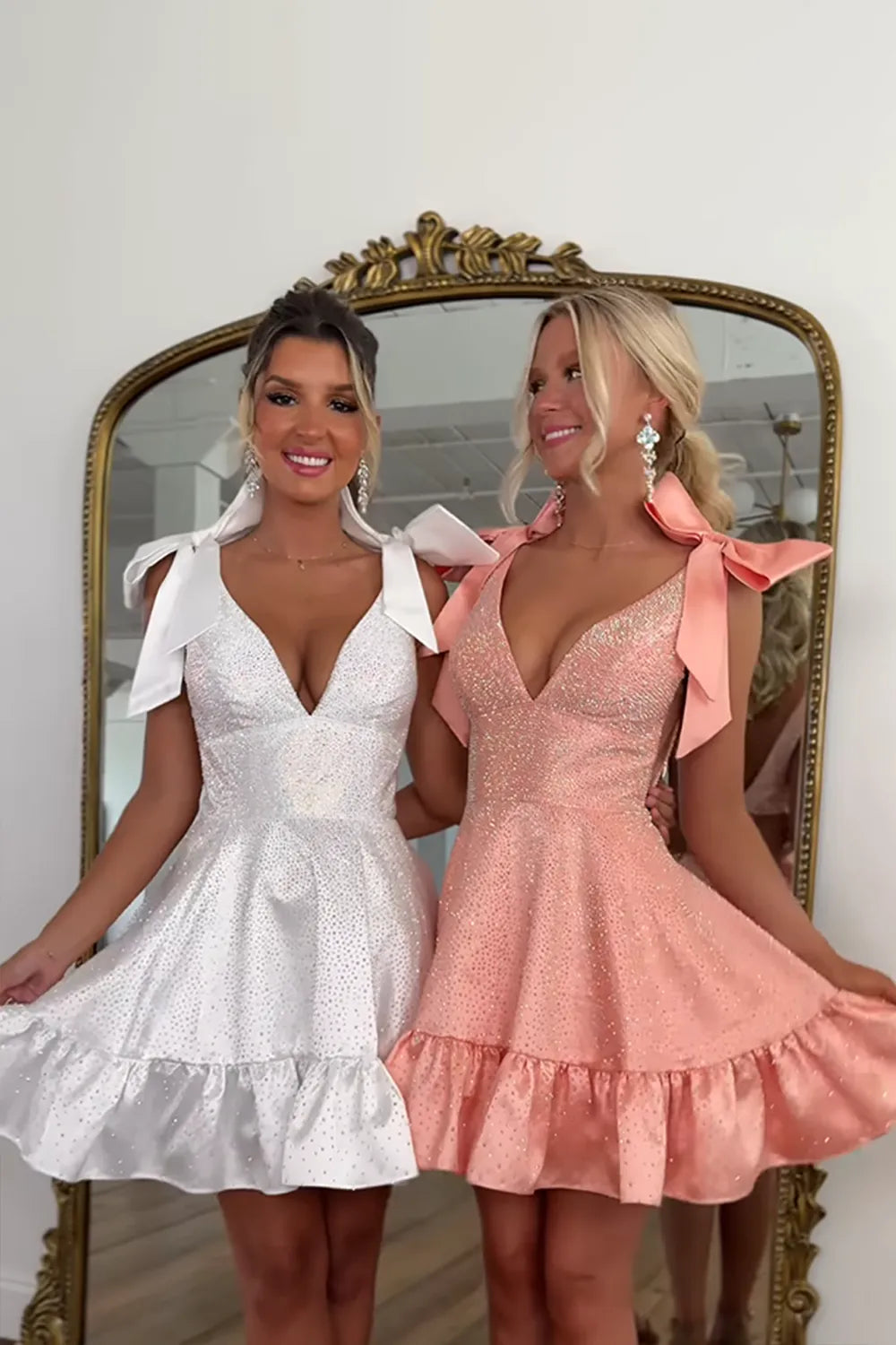 Sparkly A-Line Homecoming Dress with Shoulder Bows