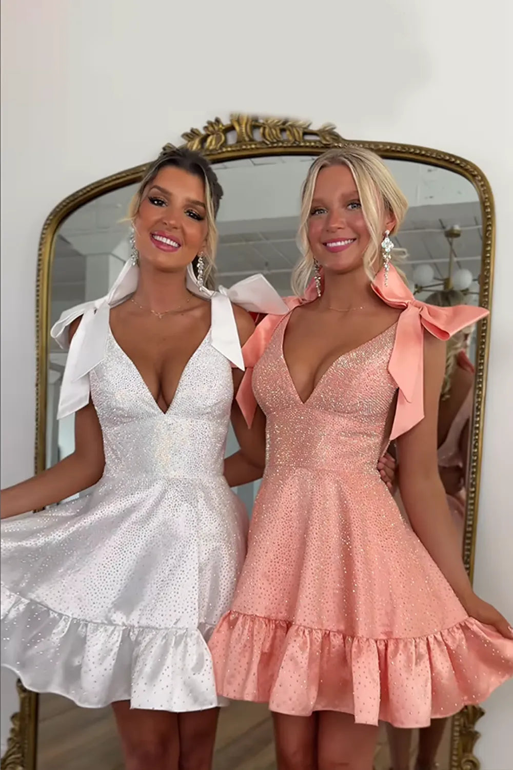 Sparkly A-Line Homecoming Dress with Shoulder Bows
