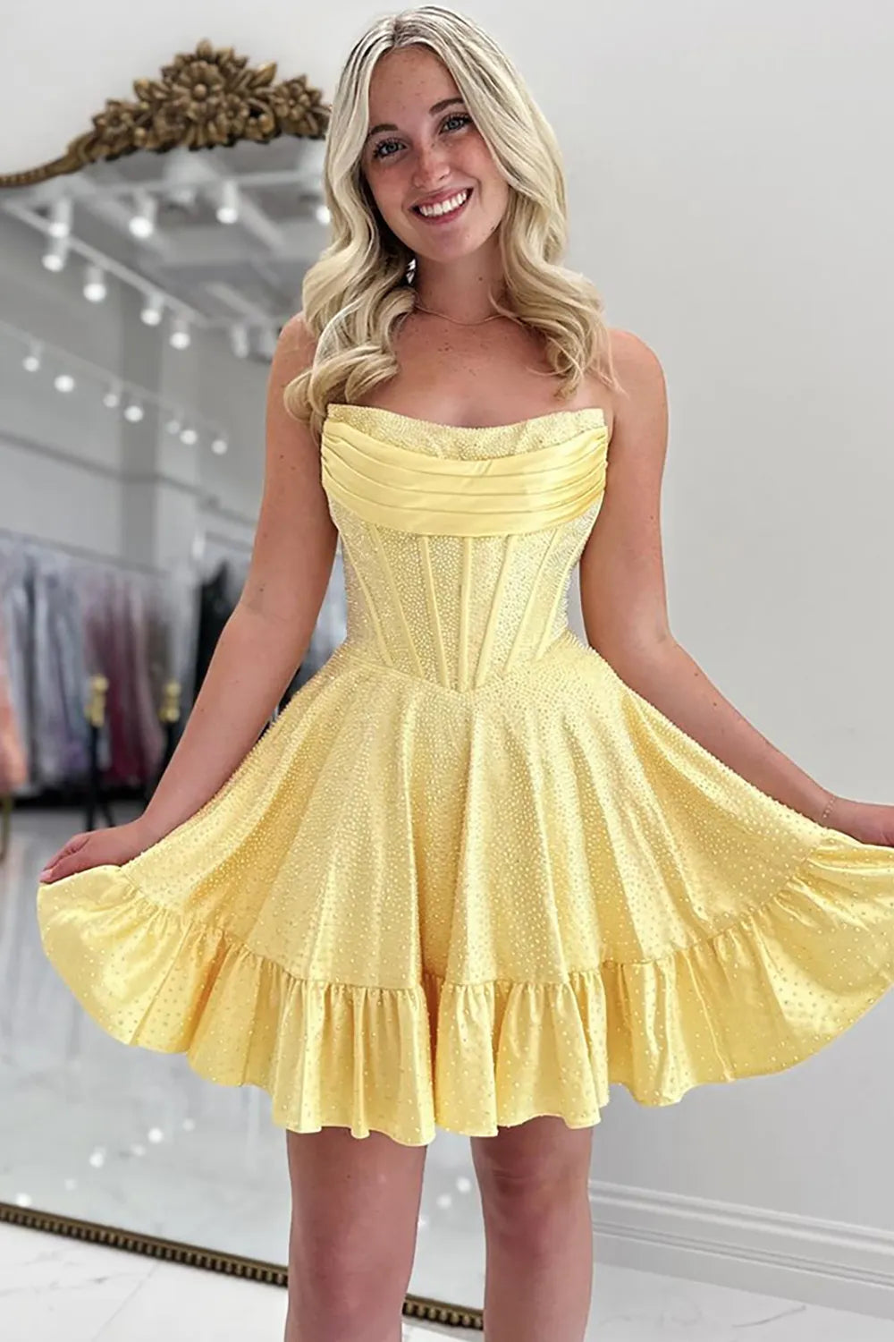 Strapless Rhinestone Corset Homecoming Dress | Satin Ruched Top A-Line Short Prom Gown