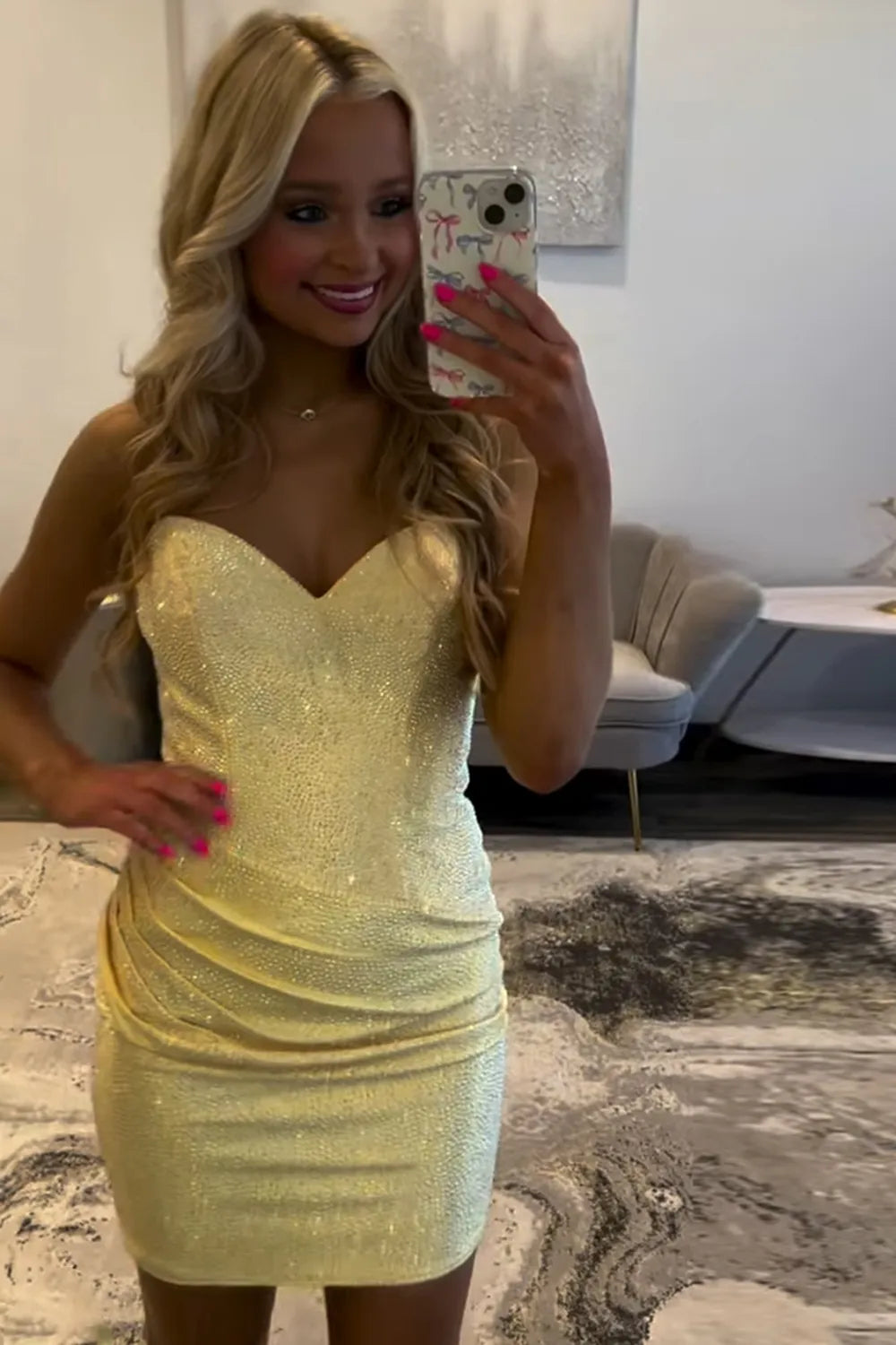 Strapless Rhinestone Sweetheart Homecoming Dress | Bodycon Ruched Short Prom Gown