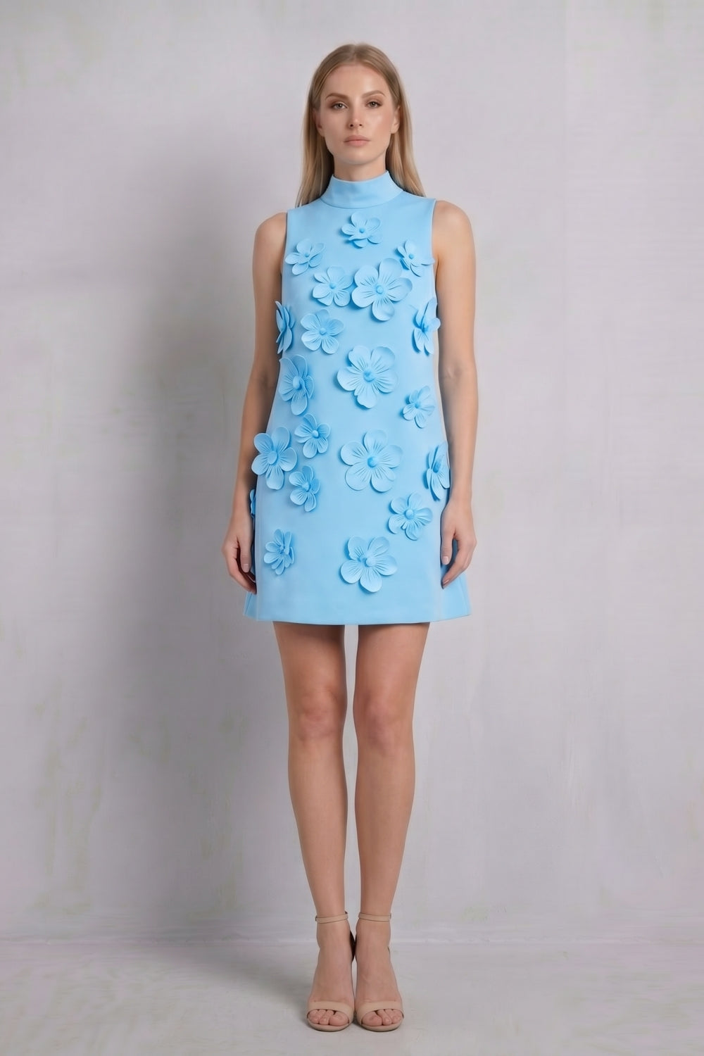 Blue High Neck Floral A-Line Homecoming Dress with 3D Flowers