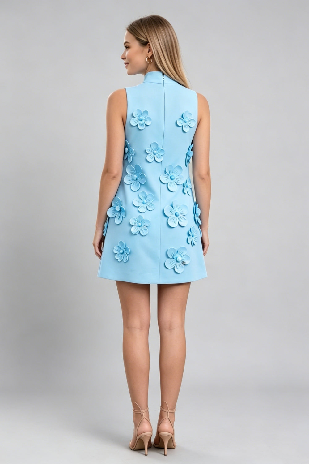 Blue High Neck Floral A-Line Homecoming Dress with 3D Flowers
