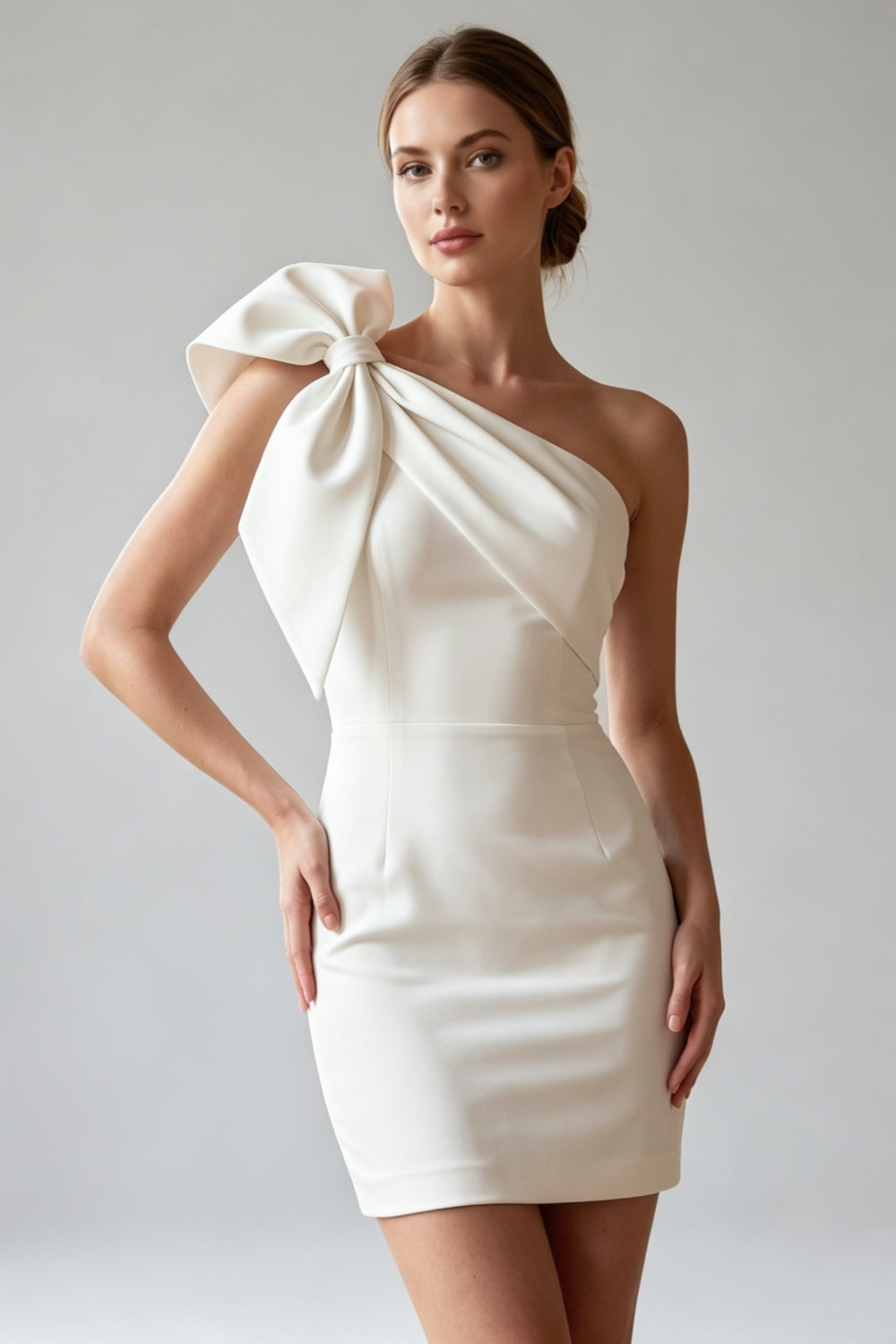 White One Shoulder Bodycon Short Homecoming Dress with Bow