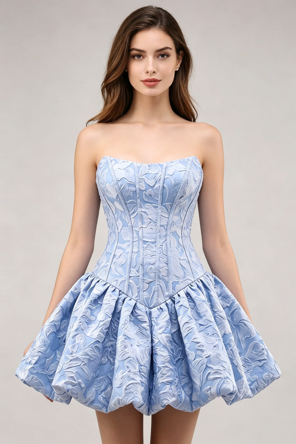 Light Blue Jacquard Floral Strapless A-Line Short Homecoming Dress