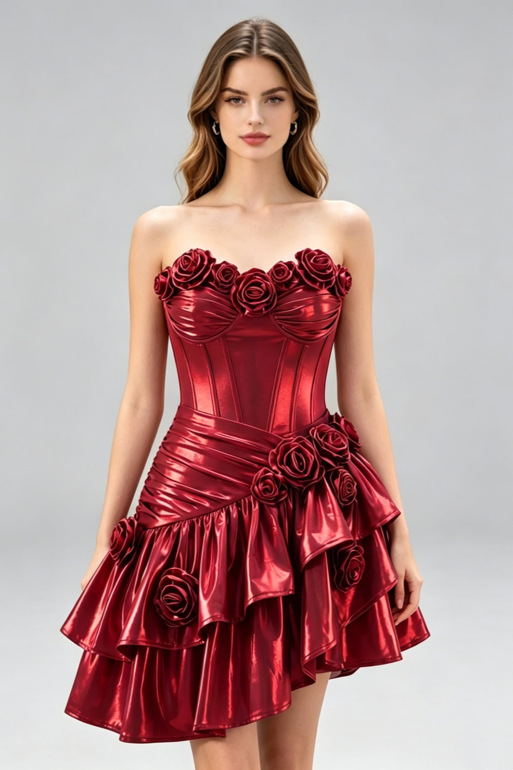 Burgundy Metallic A-Line Tiered Short Homecoming Dress with 3D Flowers