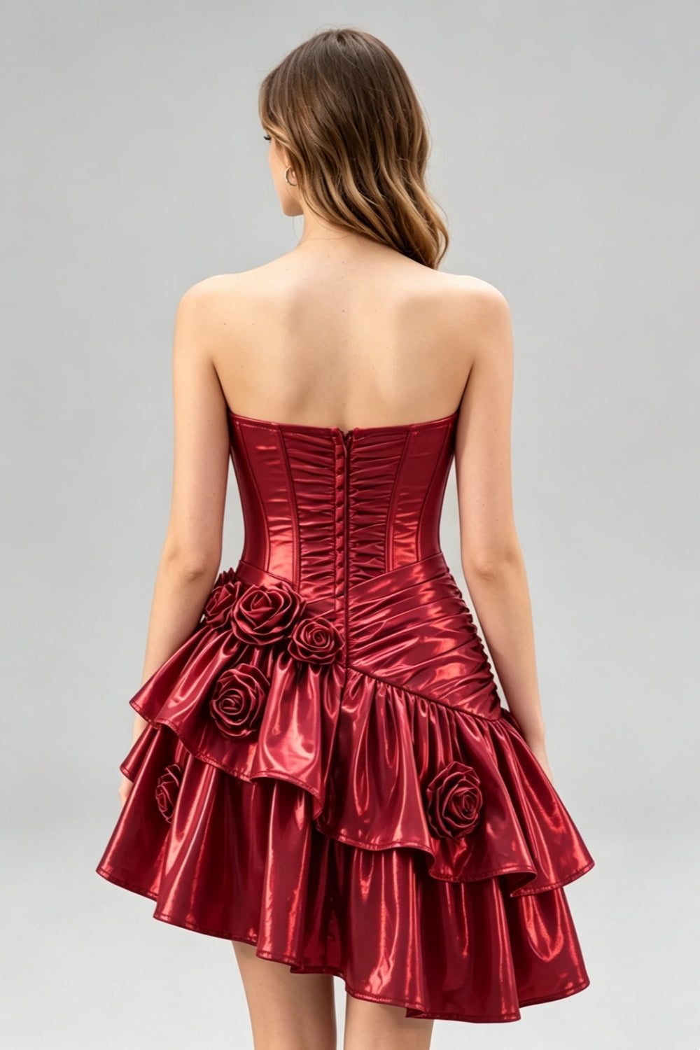 Burgundy Metallic A-Line Tiered Short Homecoming Dress with 3D Flowers