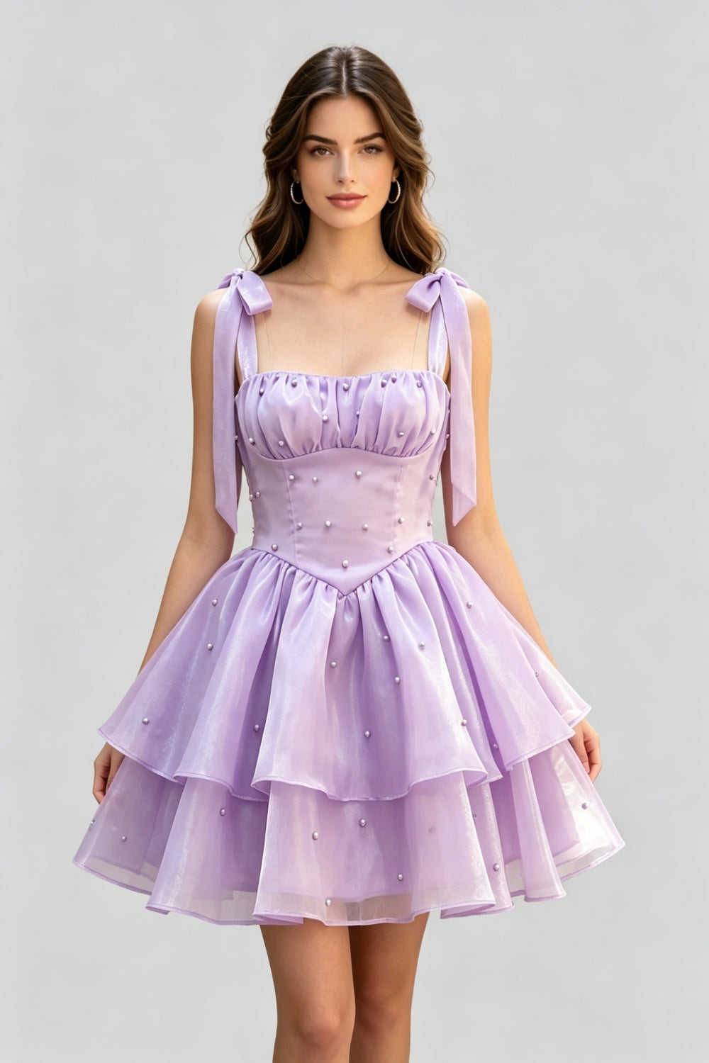 Lilac A-Line Tiered Short Homecoming Dress with Pearls