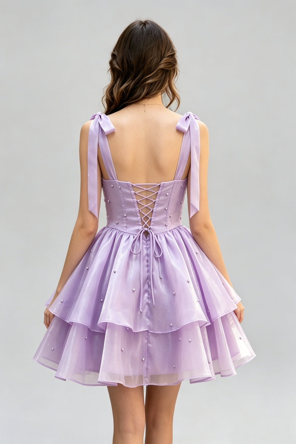 Lilac A-Line Tiered Short Homecoming Dress with Pearls