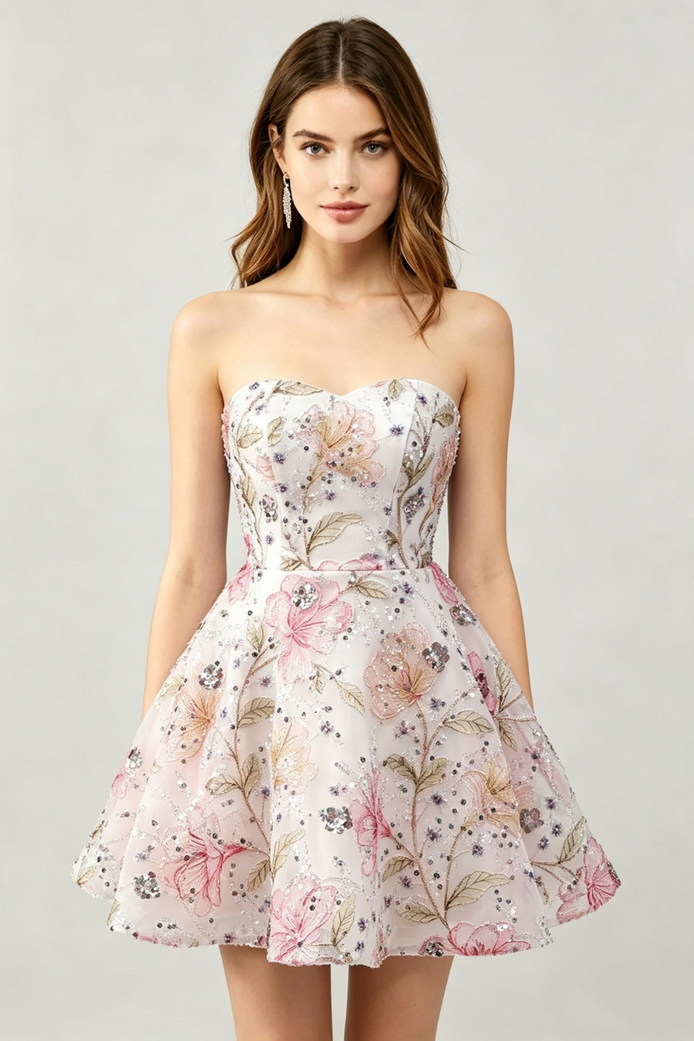 Blush Floral Strapless A-Line Short Homecoming Dress with Sequins
