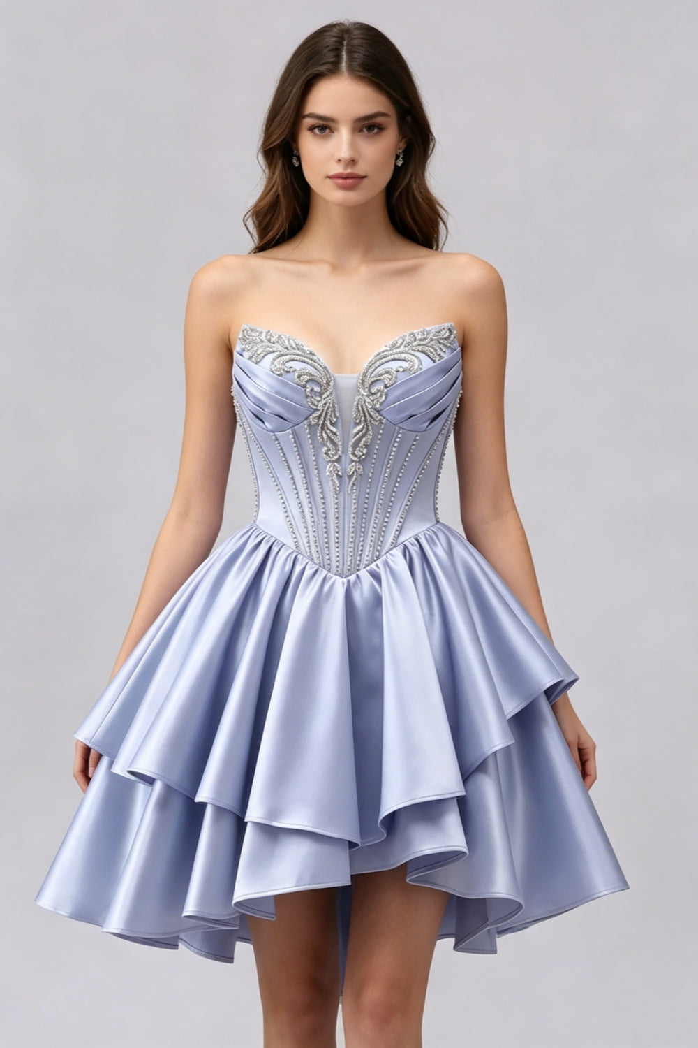 Sparkly Dusty Blue Satin A-Line Tiered Short Homecoming Dress with Beading