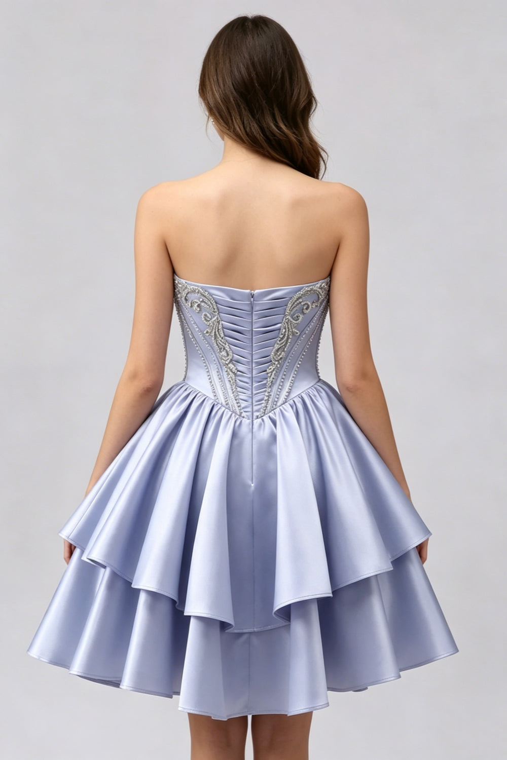 Sparkly Dusty Blue Satin A-Line Tiered Short Homecoming Dress with Beading