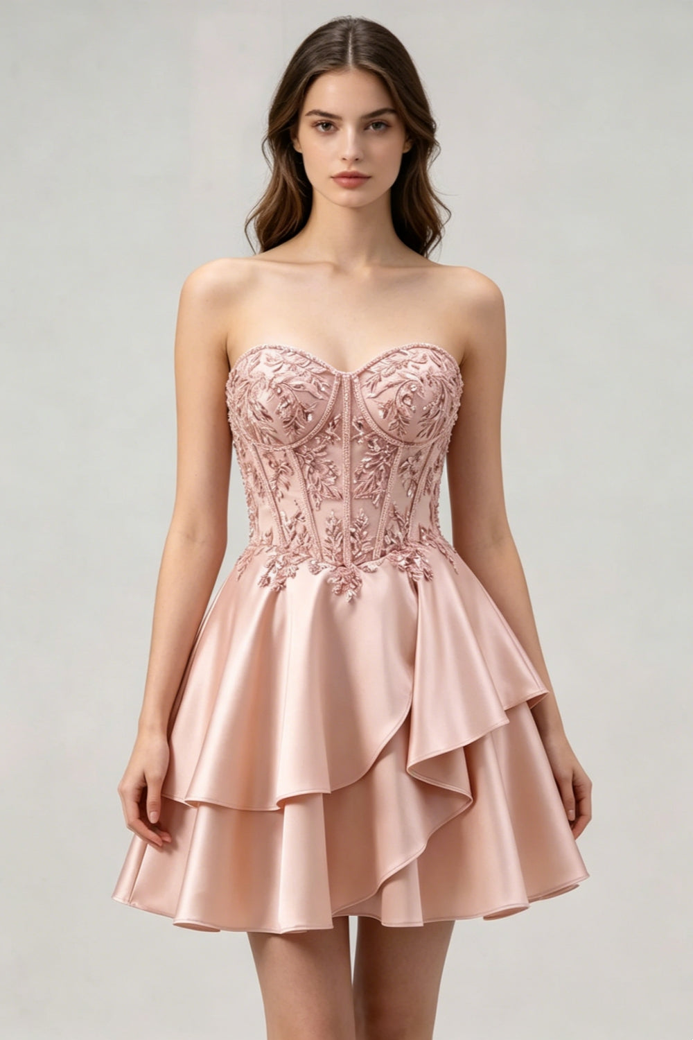 Champagne Satin A-Line Tiered Short Homecoming Dress with Appliques