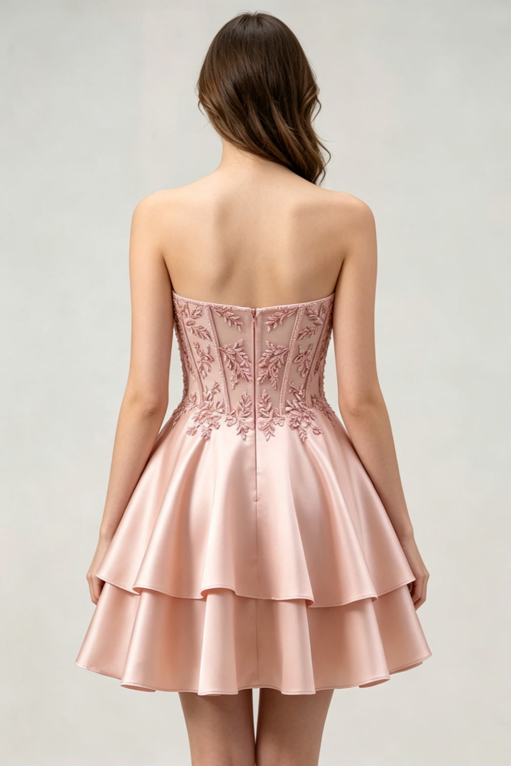 Champagne Satin A-Line Tiered Short Homecoming Dress with Appliques