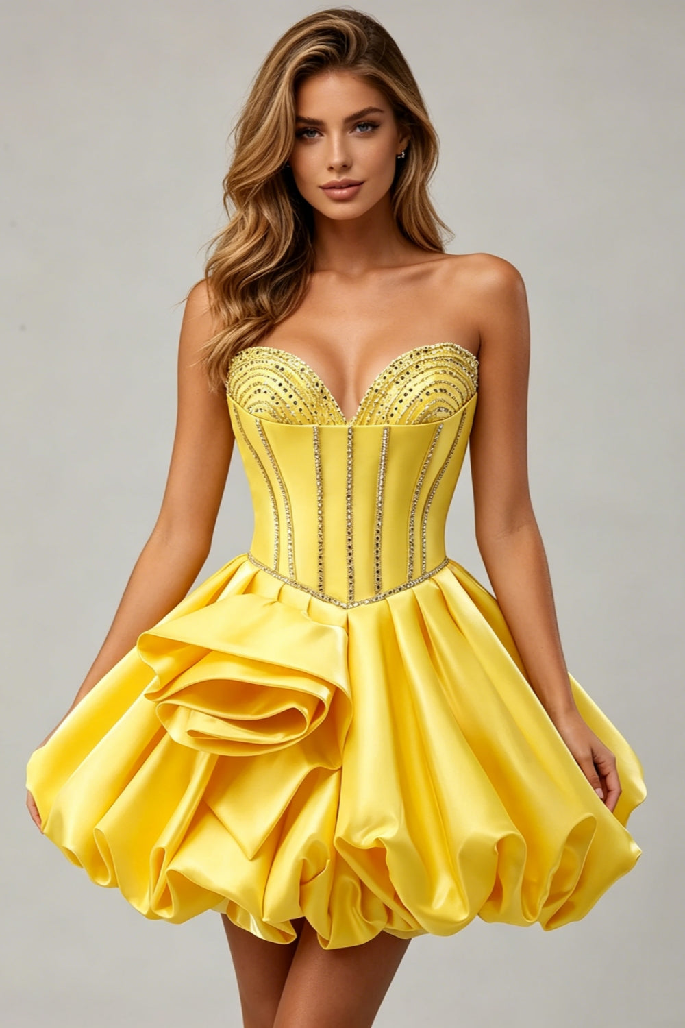 Sparkly Yellow Satin A-Line Beaded Short Homecoming Dress with 3D Flower