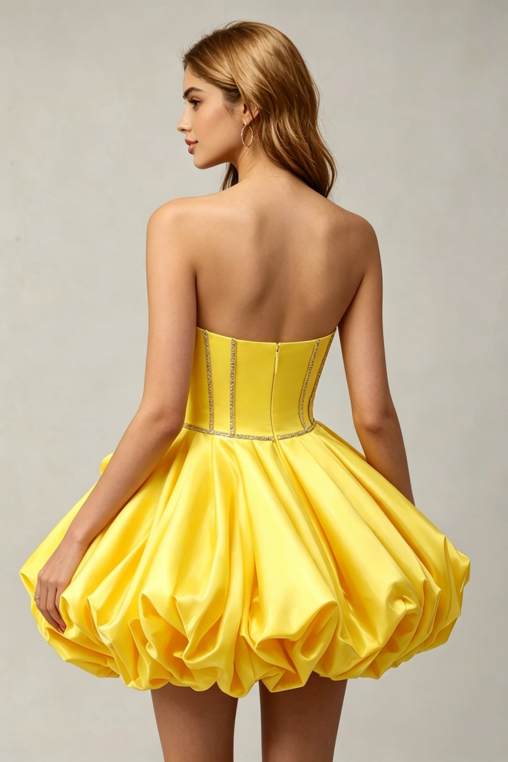 Sparkly Yellow Satin A-Line Beaded Short Homecoming Dress with 3D Flower