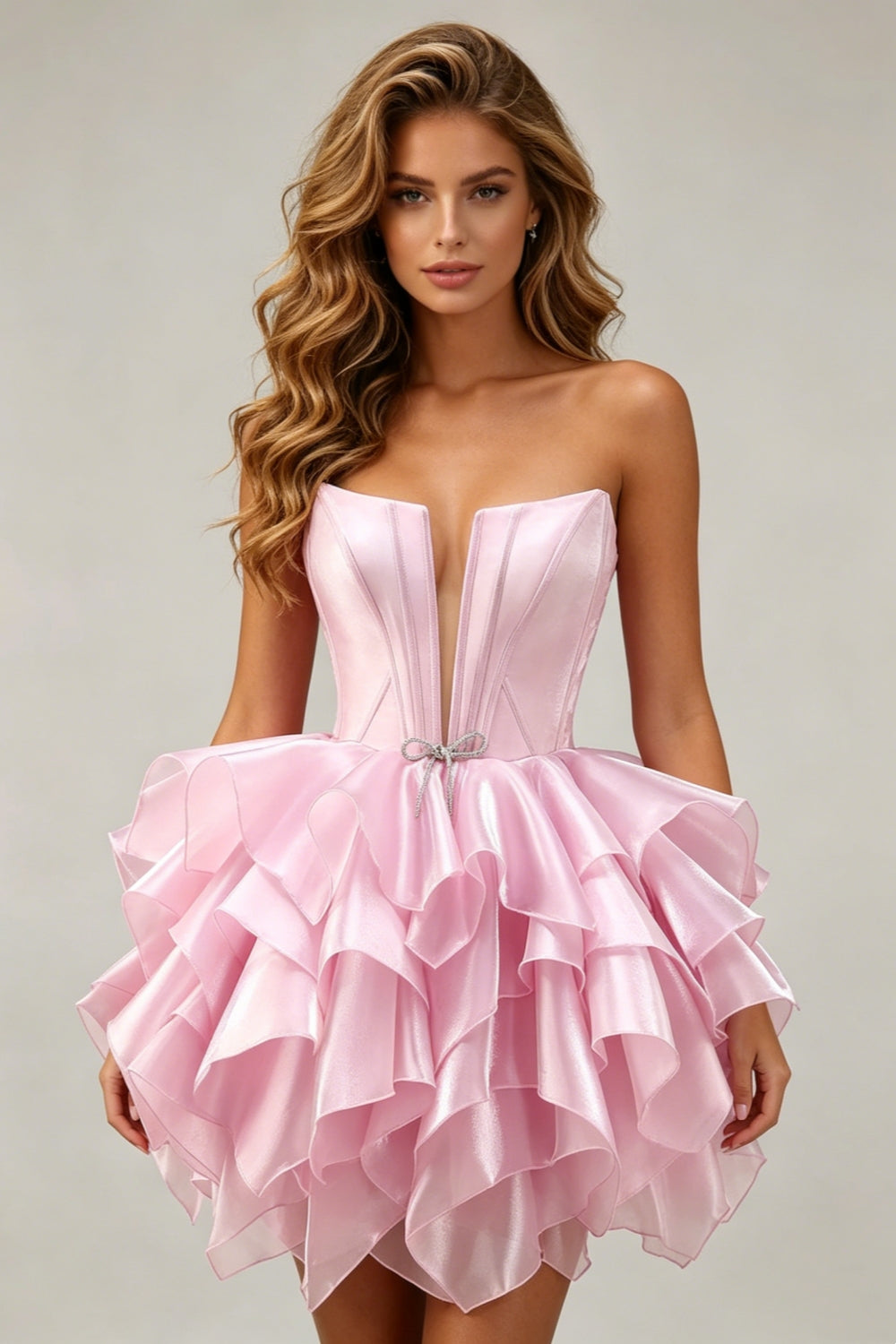 Pink Strapless A-Line Tiered Short Corset Homecoming Dress