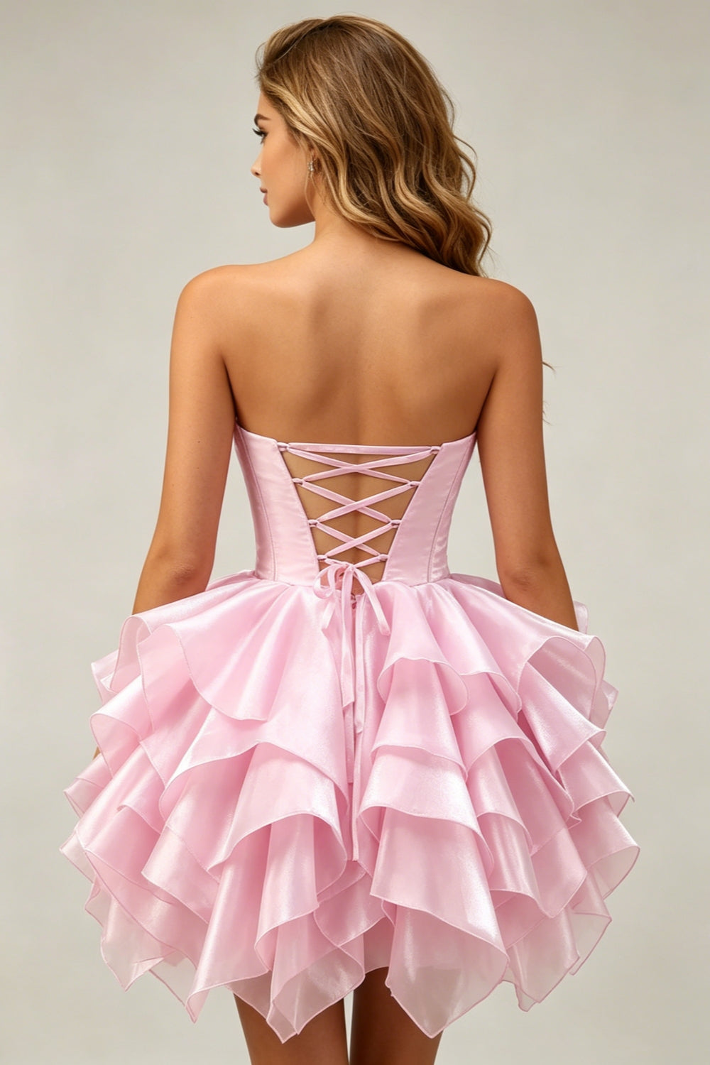Pink Strapless A-Line Tiered Short Corset Homecoming Dress