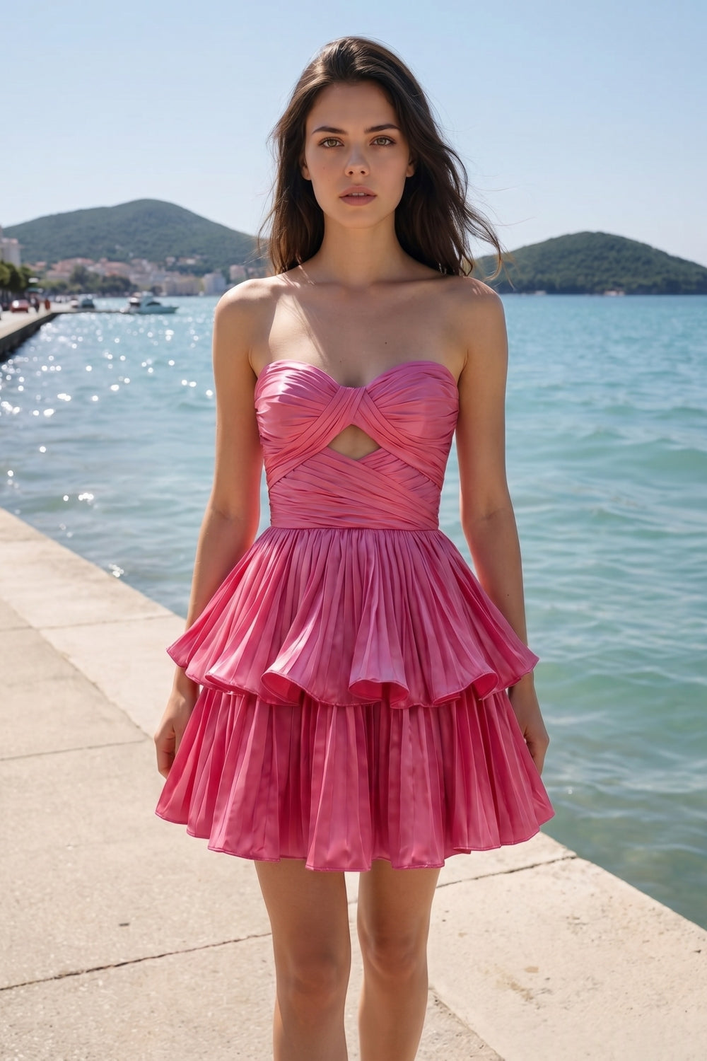 Hot Pink Sweetheart A-Line Tiered Pleated Short Homecoming Dress