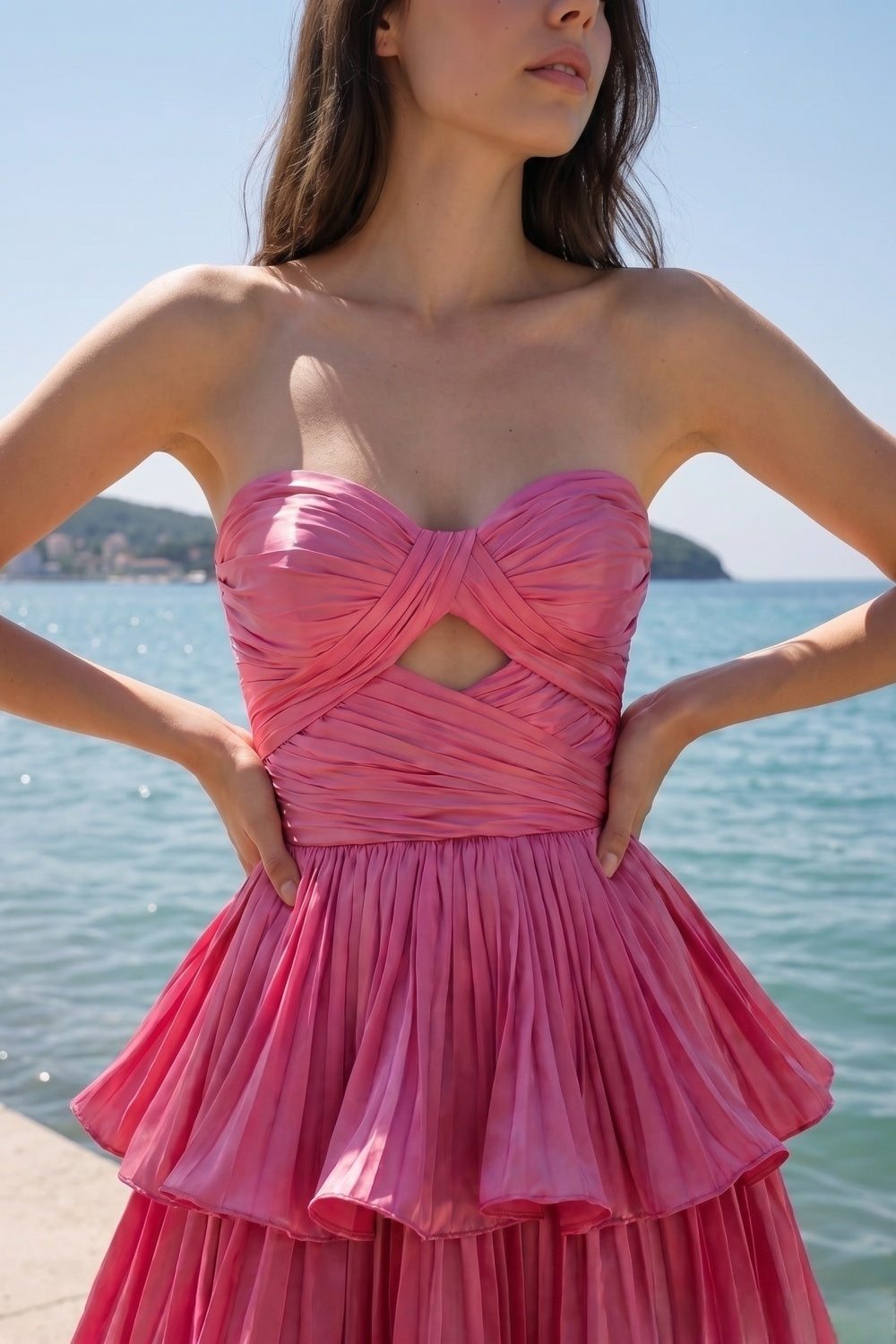 Hot Pink Sweetheart A-Line Tiered Pleated Short Homecoming Dress