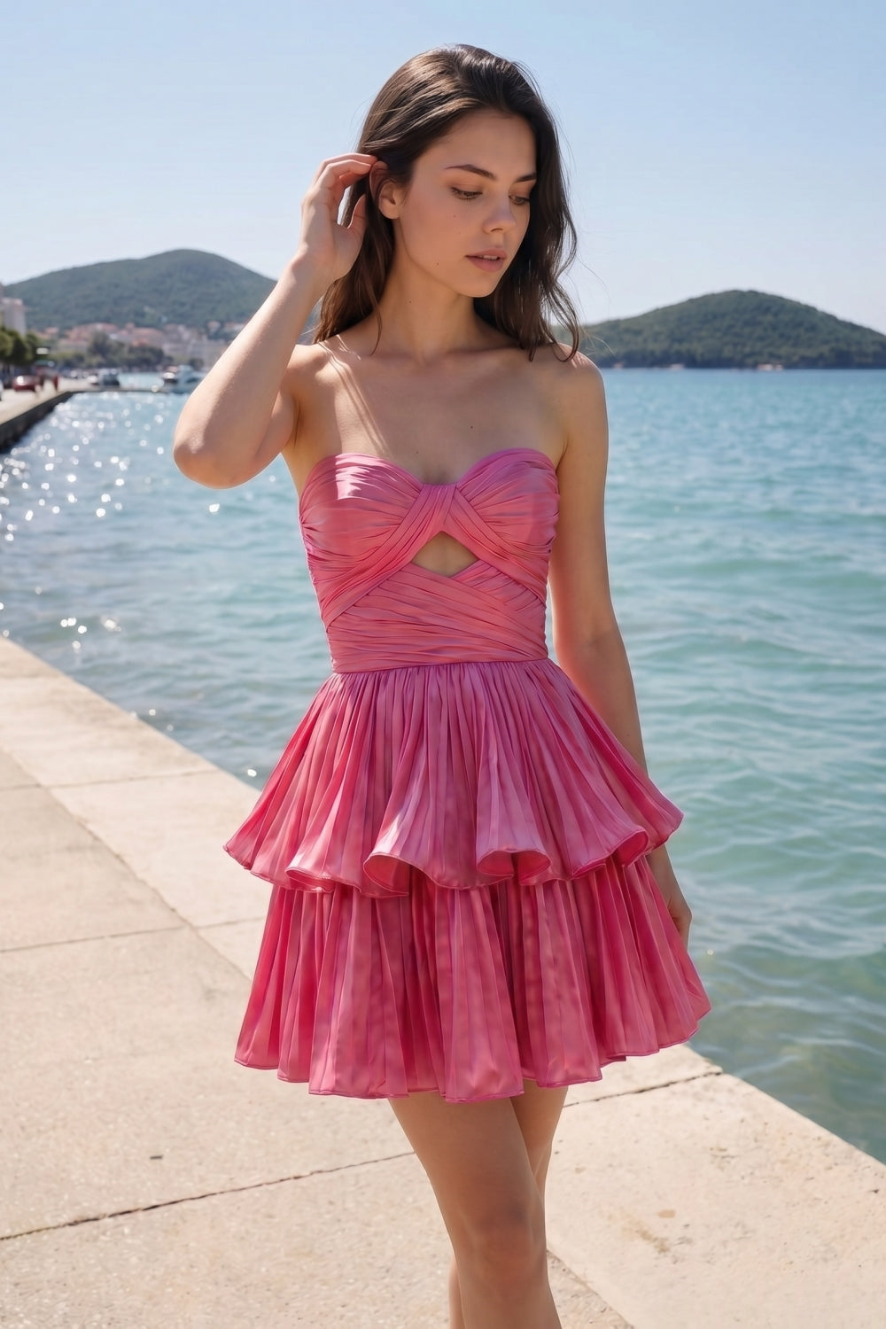 Hot Pink Sweetheart A-Line Tiered Pleated Short Homecoming Dress