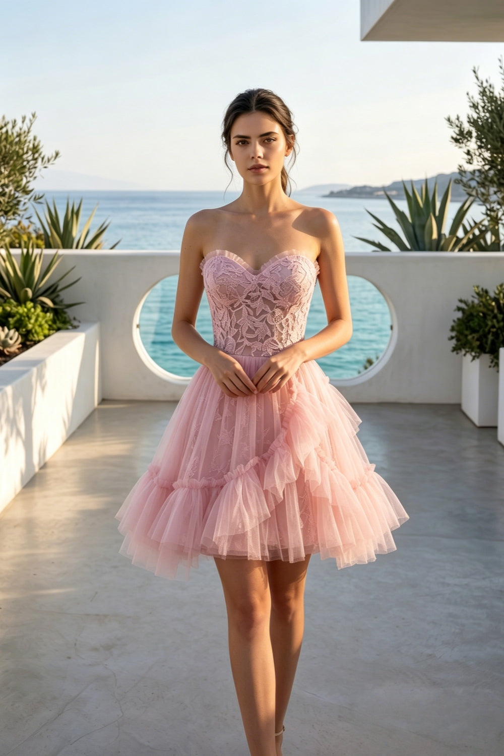 Pink Sweetheart A-Line Tulle Tiered Short Homecoming Dress with Appliques