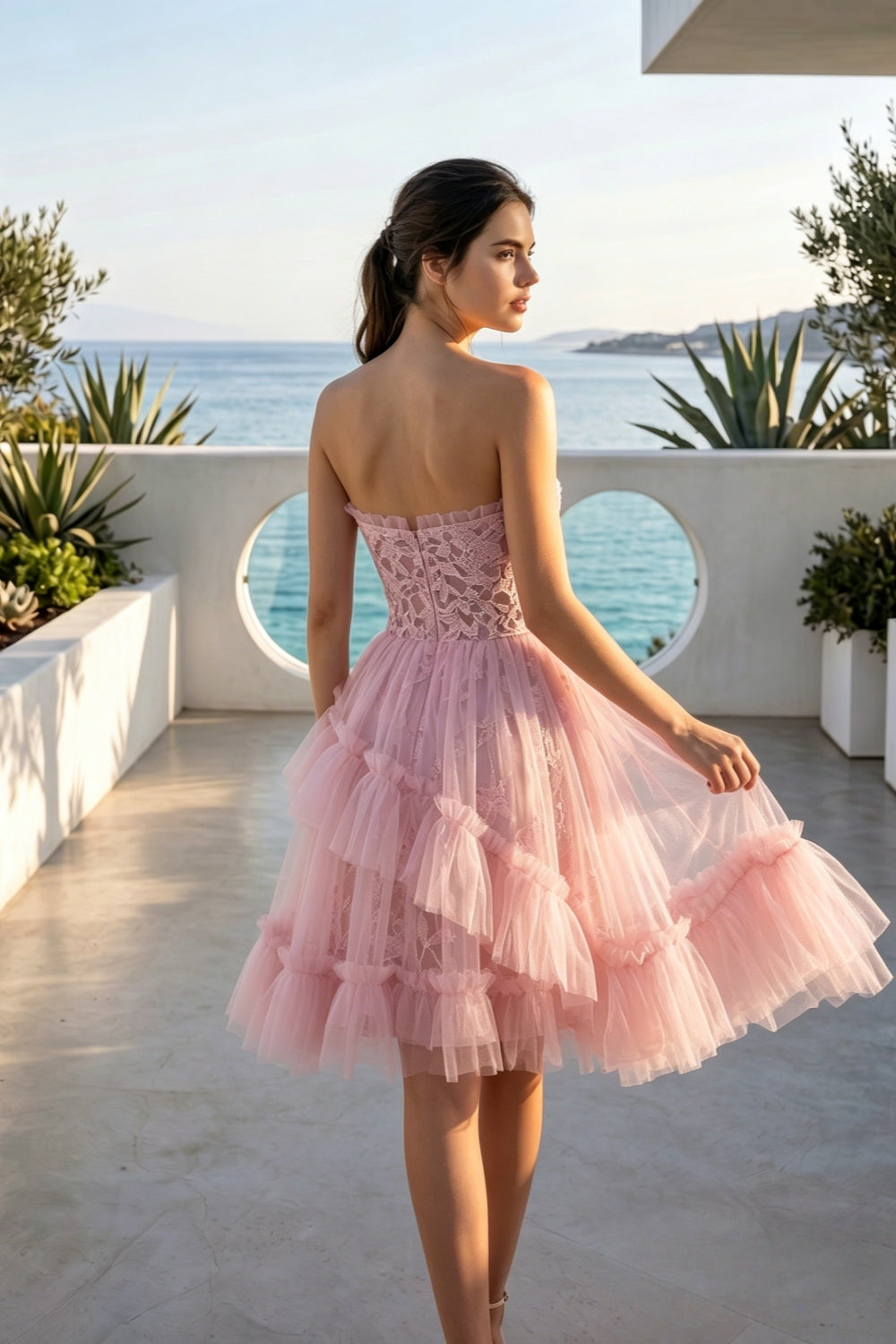 Pink Sweetheart A-Line Tulle Tiered Short Homecoming Dress with Appliques