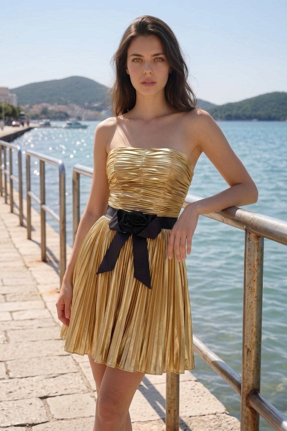Sparkly Gold Metallic Pleated A-Line Short Homecoming Dress with Bow