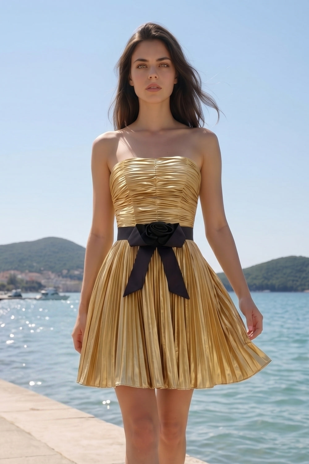Sparkly Gold Metallic Pleated A-Line Short Homecoming Dress with Bow