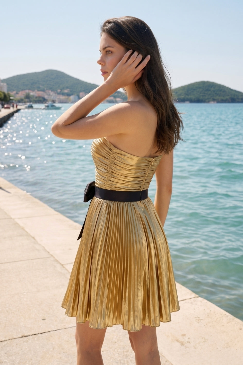Sparkly Gold Metallic Pleated A-Line Short Homecoming Dress with Bow