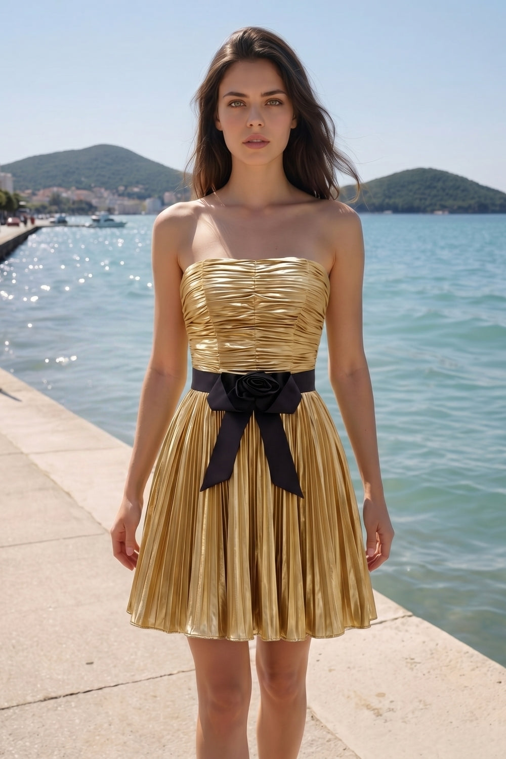 Sparkly Gold Metallic Pleated A-Line Short Homecoming Dress with Bow