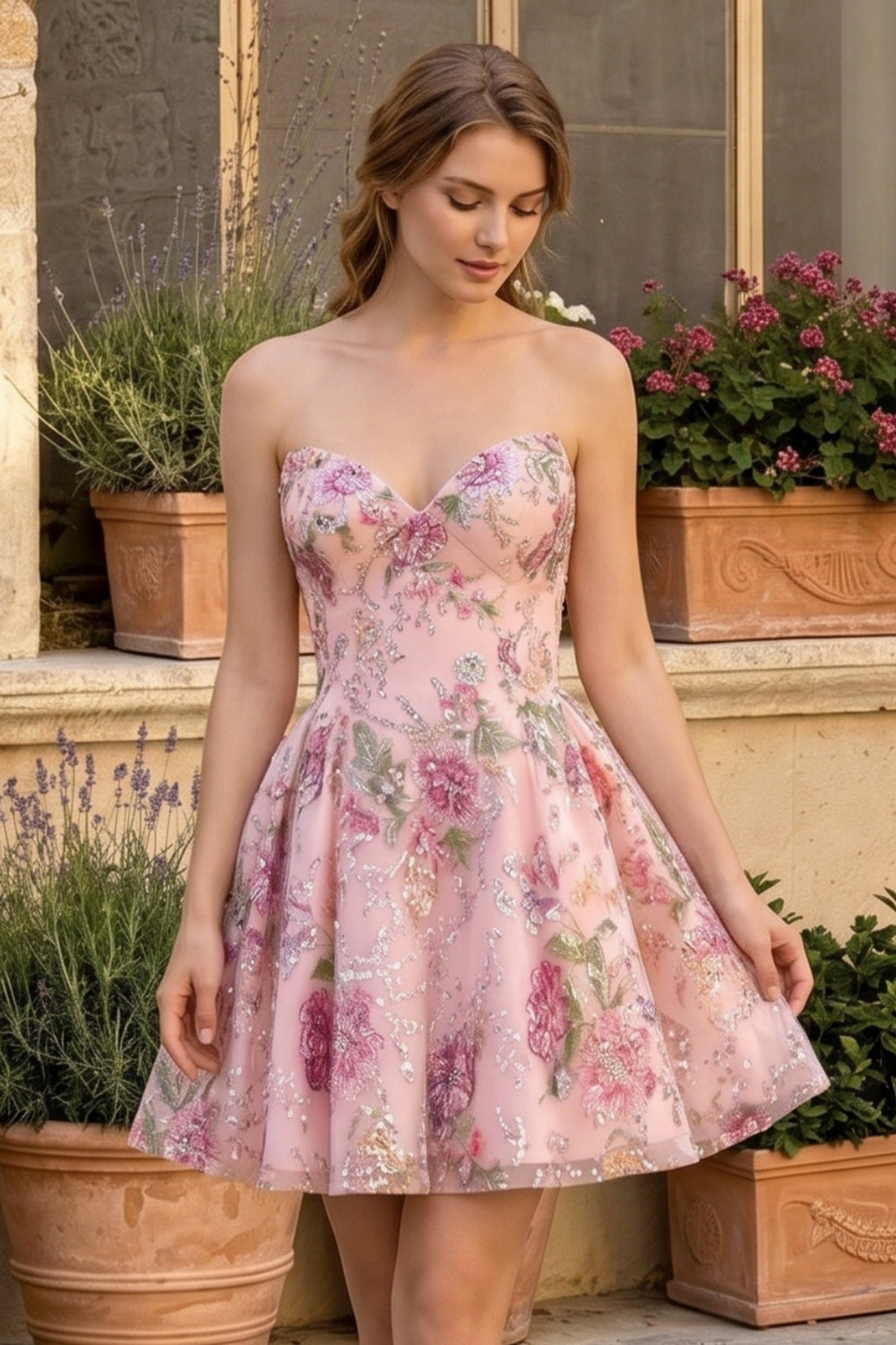 Sparkly Pink Floral Sweetheart A-Line Short Homecoming Dress