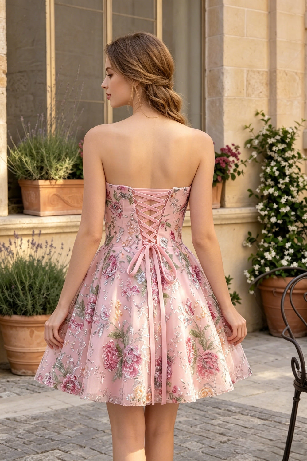 Sparkly Pink Floral Sweetheart A-Line Short Homecoming Dress