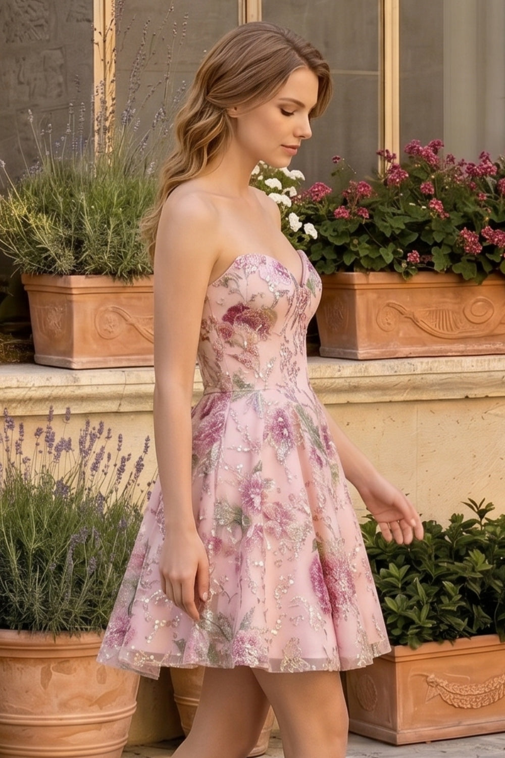 Sparkly Pink Floral Sweetheart A-Line Short Homecoming Dress