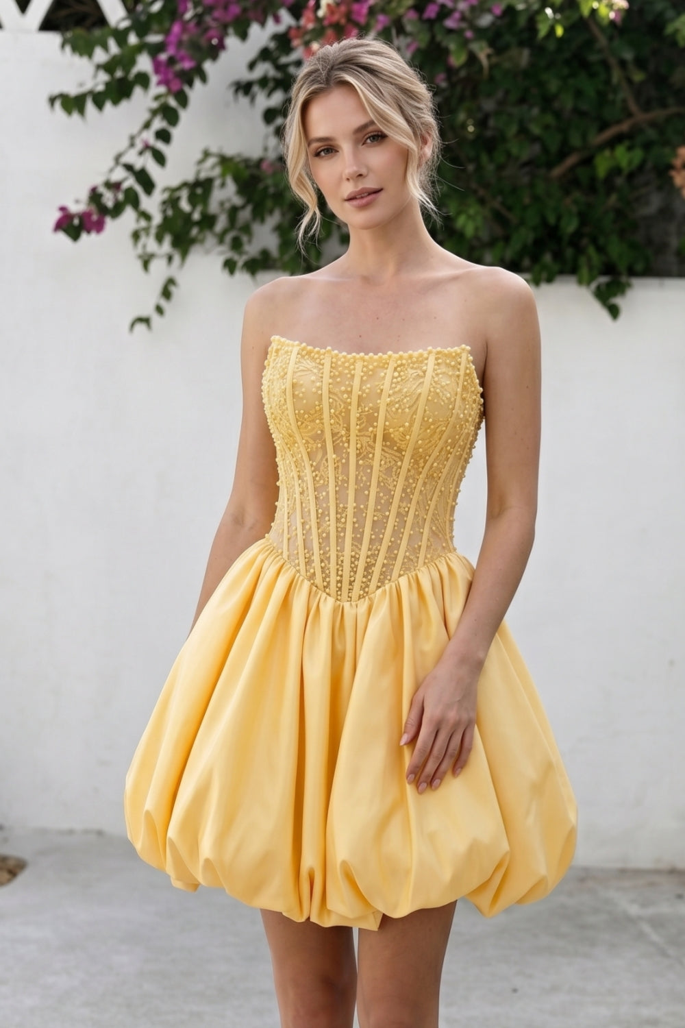 Yellow Strapless Satin Beaded A-Line Short Homecoming Dress