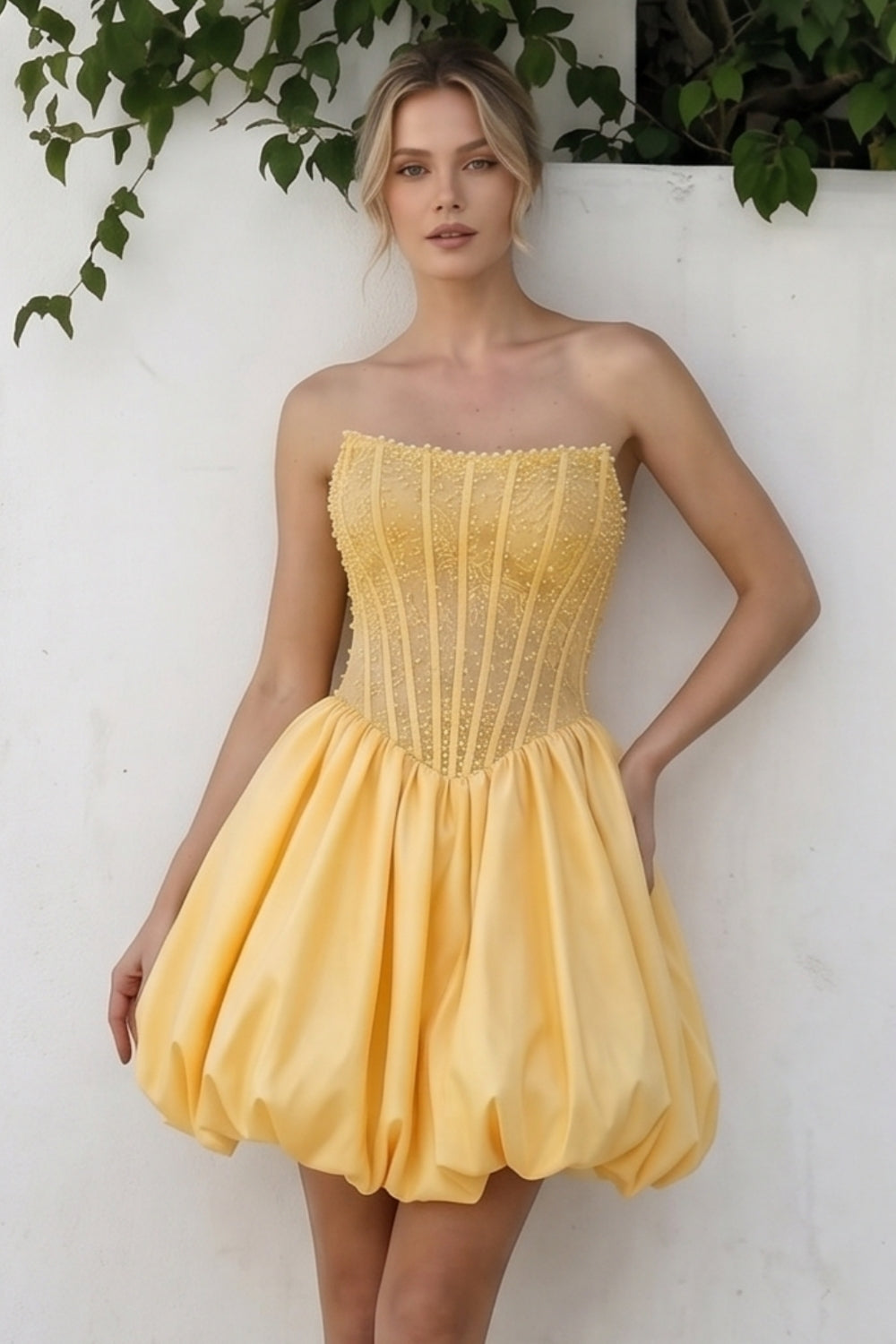 Yellow Strapless Satin Beaded A-Line Short Homecoming Dress