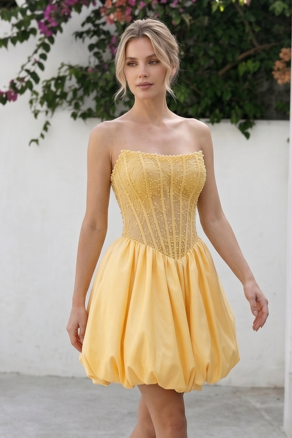 Yellow Strapless Satin Beaded A-Line Short Homecoming Dress