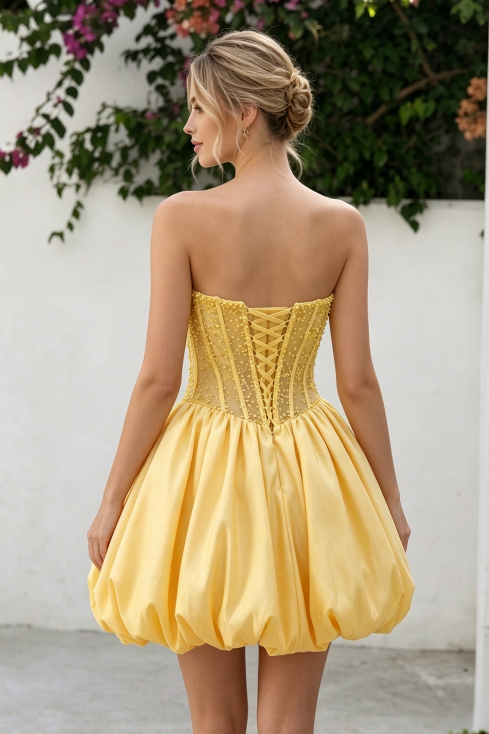 Yellow Strapless Satin Beaded A-Line Short Homecoming Dress