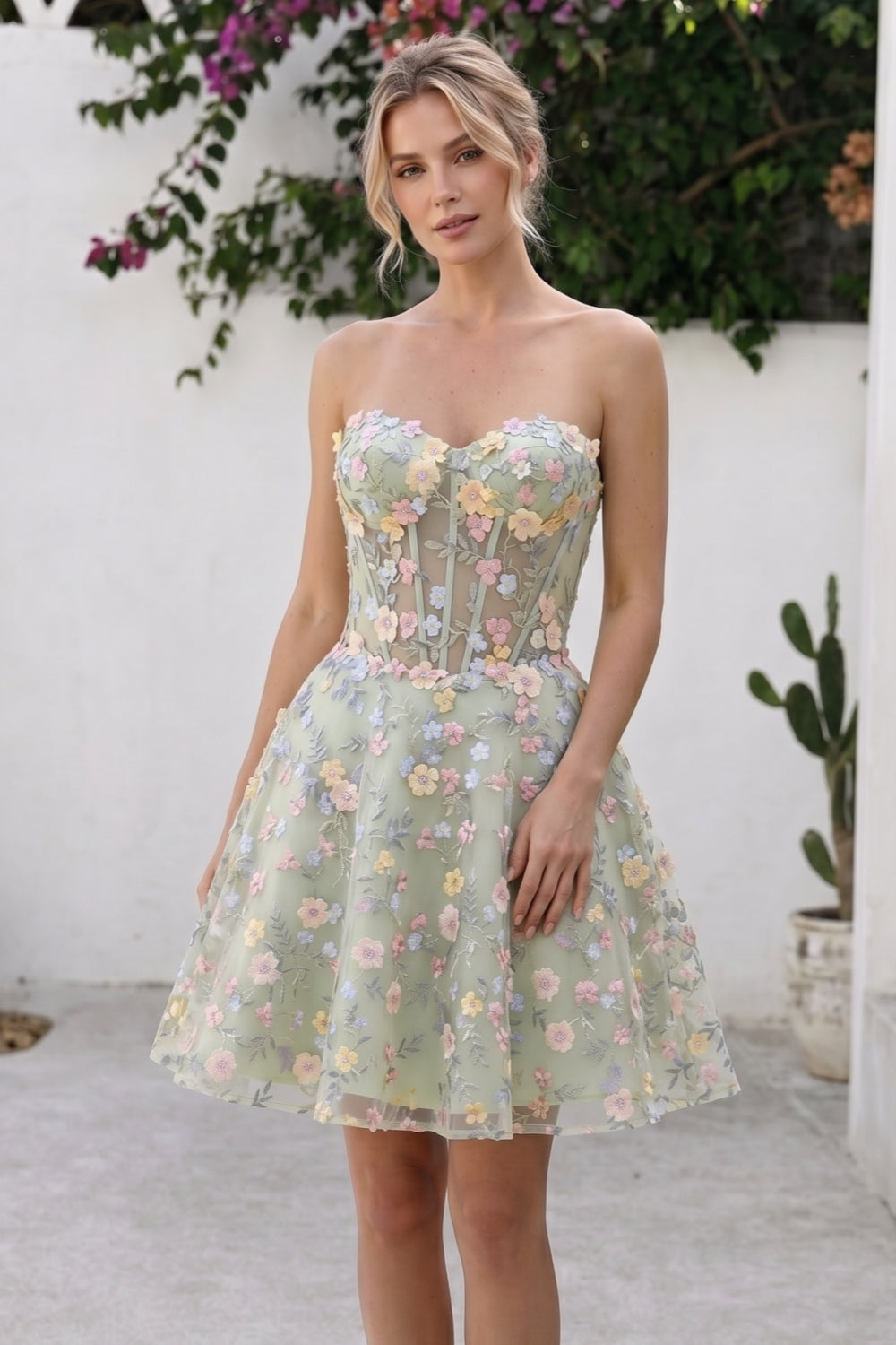 Green Floral Sweetheart A-Line Corset Short Homecoming Dress