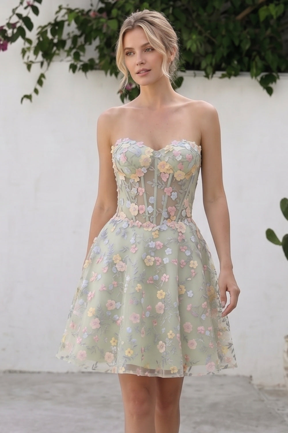 Green Floral Sweetheart A-Line Corset Short Homecoming Dress